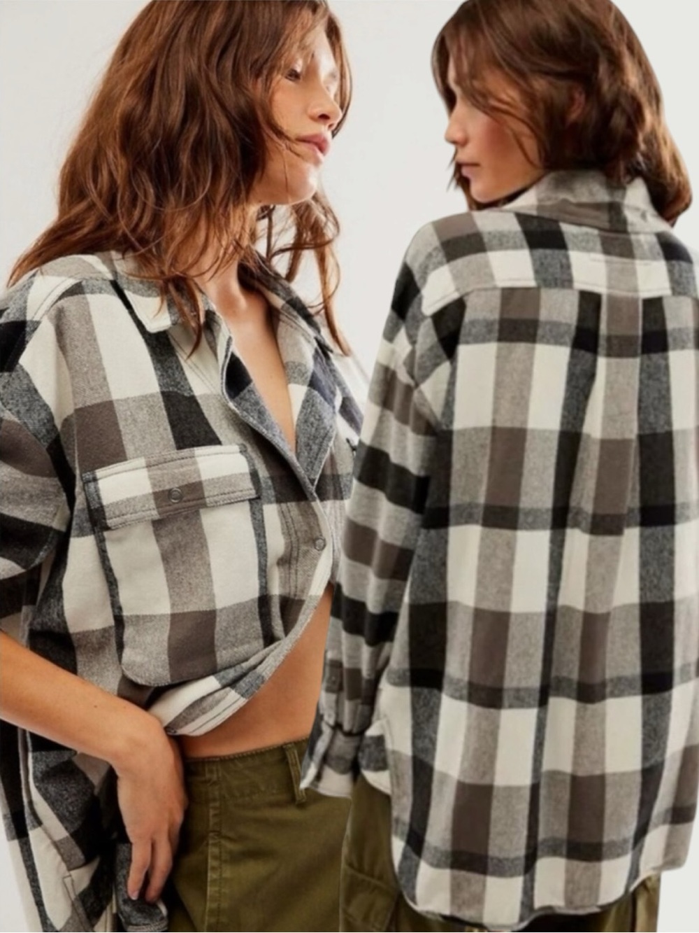 Free People Izzie Plaid Oversized Cargo Shirt Jacket Shacket Large Grunge 90s